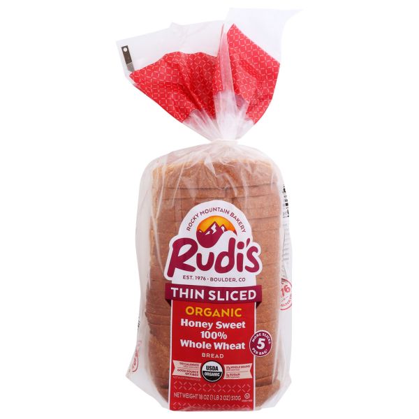 RUDIS: Thin Sliced Honey Sweet 100 Percent Whole Wheat Bread, 18 oz