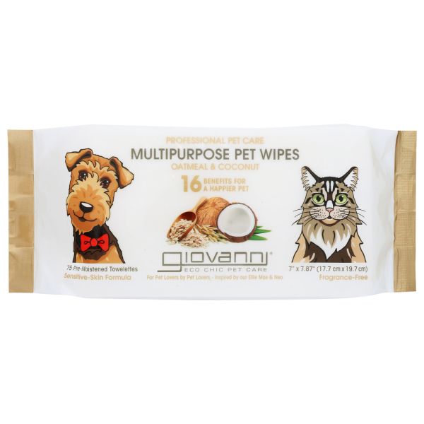 GIOVANNI COSMETICS: Pet Wipes Oatmeal Coconut, 75 pc