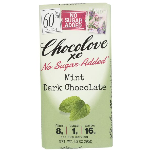 CHOCOLOVE: XO Mint in 60 Percent Dark Chocolate No Sugar Added, 3.2 oz