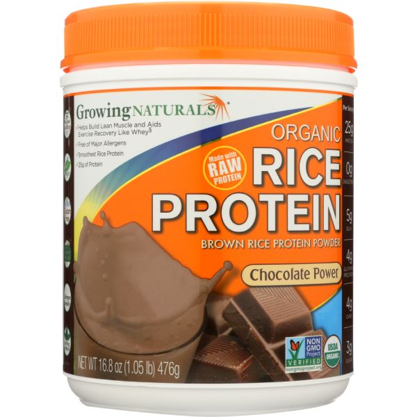 GROWING NATURALS: Organic Raw Rice Protein Chocolate Power, 16.8 oz