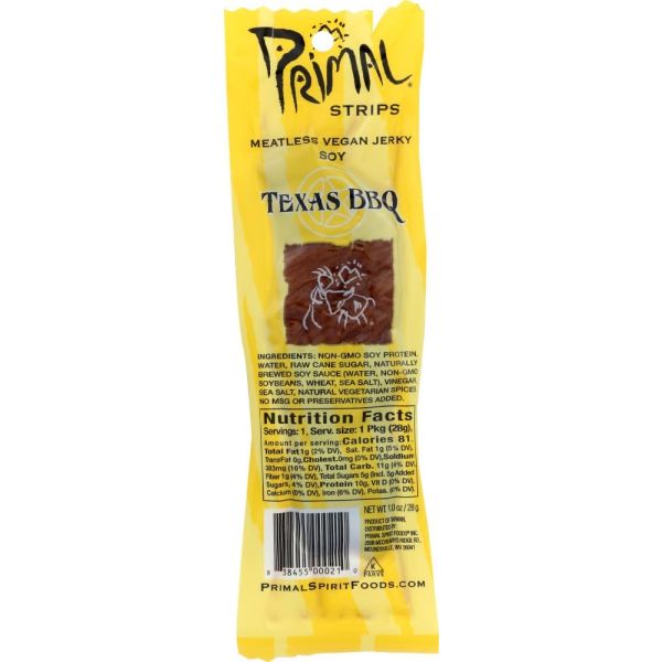 PRIMAL STRIPS: Meatless Vegan Jerky Soy Texas BBQ, 1 oz