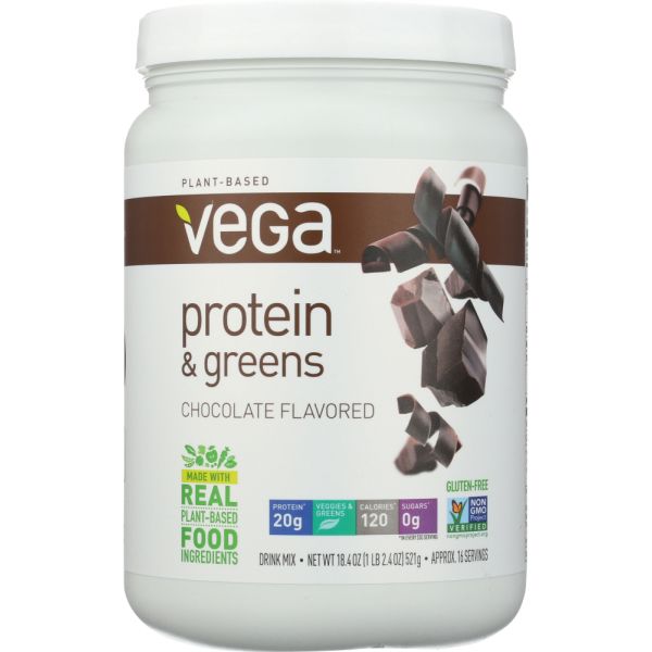 VEGA: Protein and Greens Plant Based Protein Powder Chocolate, 18.4 oz