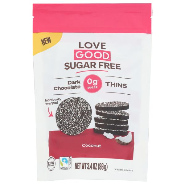 LOVE GOOD FATS: Dark Chocolate Thins Coconut, 96 gm