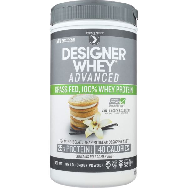 DESIGNER PROTEIN WHEY: Advanced Vanilla Cookies & Cream Powder, 1.85 lb