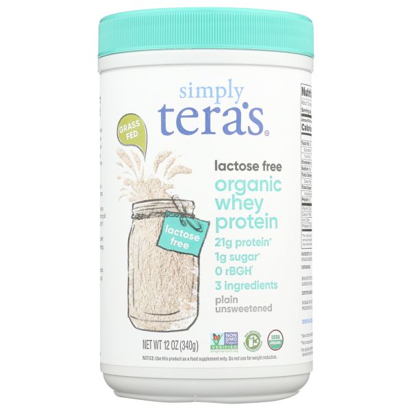 SIMPLY TERAS: Organic Whey Protein Plain Unsweetened Lactose Free, 12 oz