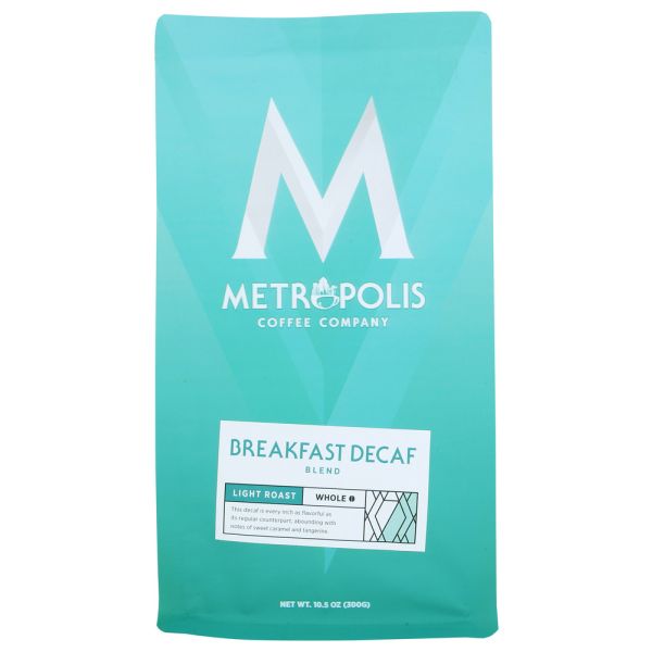 METROPOLIS COFFEE: Breakfast Decaf Blend Light Roast Whole Bean Coffee, 10.5 oz