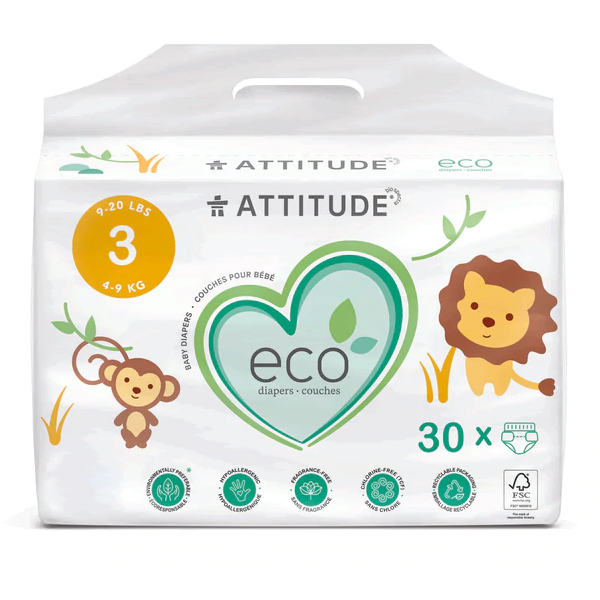 ATTITUDE: Biodegradable Baby Diapers Size 3, 30 un