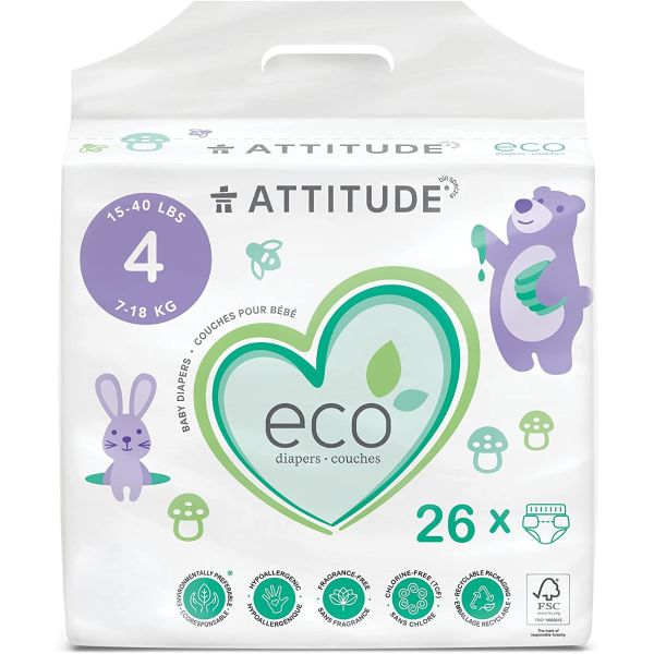 ATTITUDE: Baby Diapers Size 4, 26 un