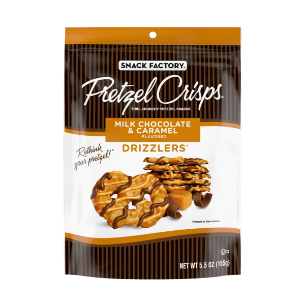 SNACK FACTORY: Milk Chocolate and Caramel Pretzel Crisps Drizzlers, 5.5 oz