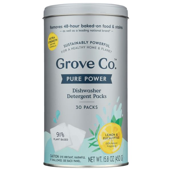 GROVE CO: Pure Power Dishwasher Detergent Packs Lemon Eucalyptus, 30 pk