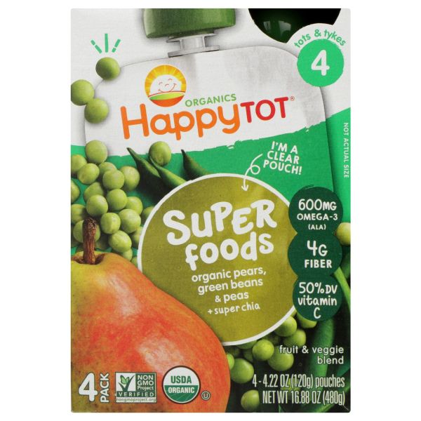 HAPPY TOT: Super Foods Organic Pears Green Beans and Peas 4Pk, 16 oz