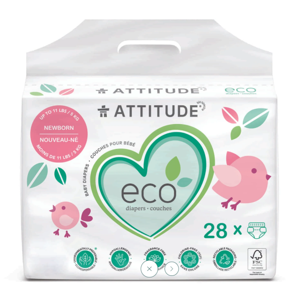 ATTITUDE: Biodegradable Baby Diapers Newborn, 28 un