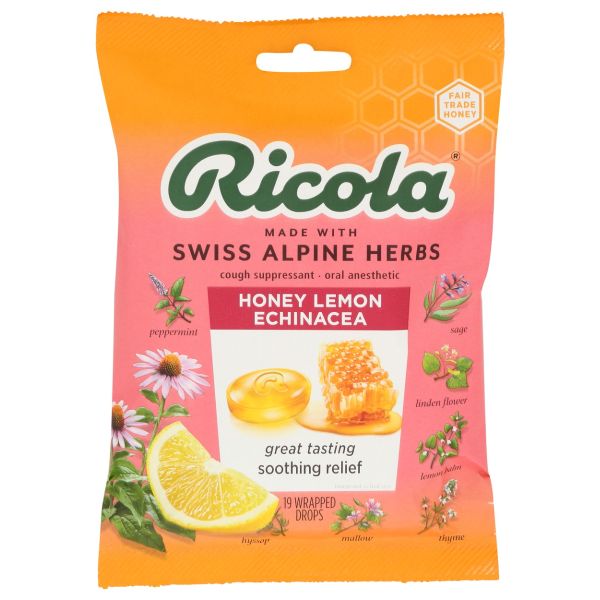 RICOLA: Honey Lemon With Echinacea Cough and Throat Drops, 19 pc