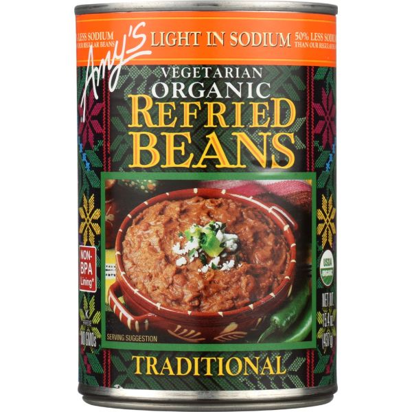 AMYS: Organic Vegetarian Traditional Refried Beans Light In Sodium, 15.4 oz