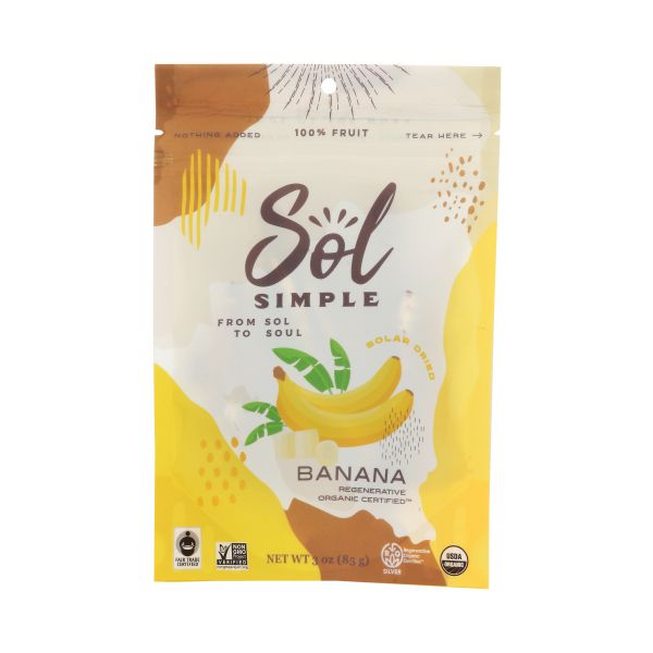 SOL SIMPLE: Solar Dried Banana Organic Regenerative Certified, 3 oz