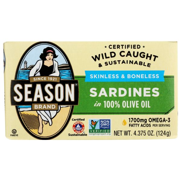 SEASONS: Skinless and Boneless Sardines In Pure Olive Oil, 4.375 oz